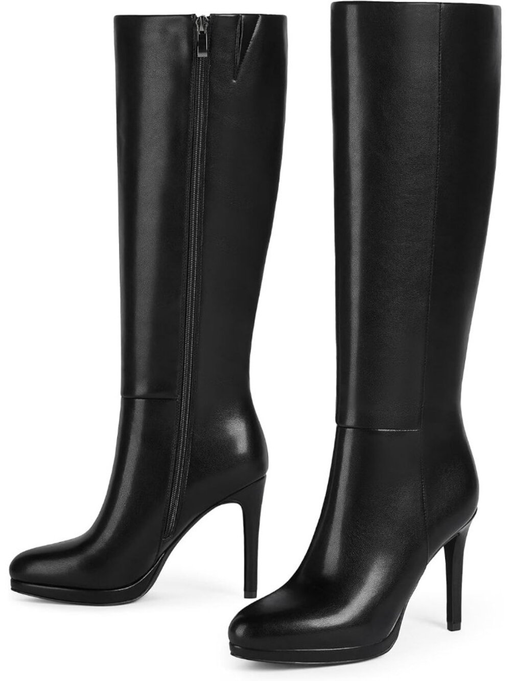 Women's Black Pu Round Toe Stiletto Heels Fall Tall Platforms Boots Side Zipper - Picture 5 of 6